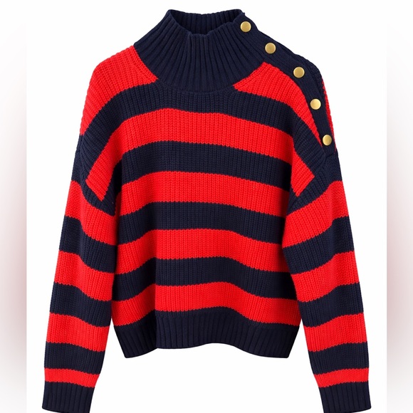 Free Assembly Sweaters - NWT Free Assembly Red Navy Striped Mock Neck Sweater Gold Button Shoulder Knit